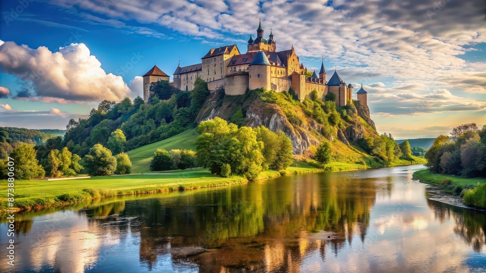 Obraz premium Exquisite ancient castle on high riverbank, castle, ancient, medieval, architecture, historic, landmark, river, water