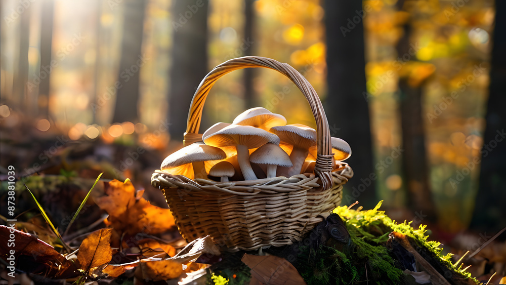 wicker basket full of mushrooms in clearing with moss and yellow, orange leaves in forest. fabulous atmosphere, blurred background wicker basket full of mushrooms in clearing with moss and yellow, orange leaves in forest. fabulous atmosphere, blurred background