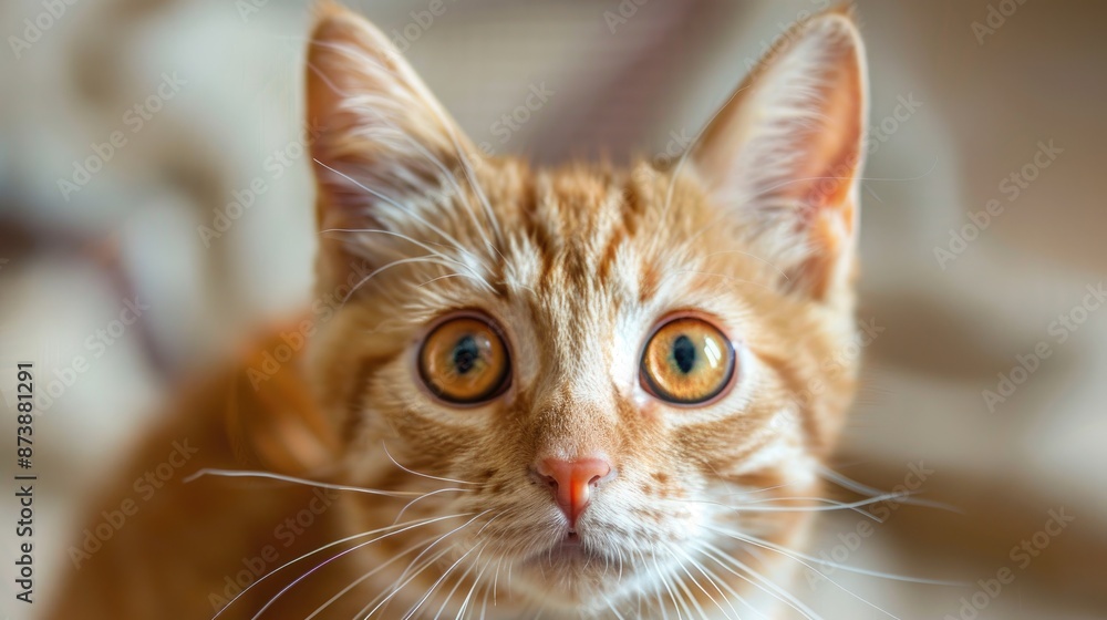 Surprised exotic breed cat with large red headed eyes