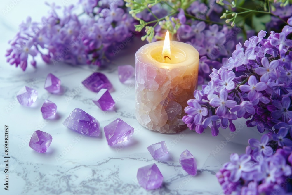 Candle And Crystal. Healing Aura Concept with Gemstones and Lilac Flowers on Marble Background Candle And Crystal. Healing Aura Concept with Gemstones and Lilac Flowers on Marble Background