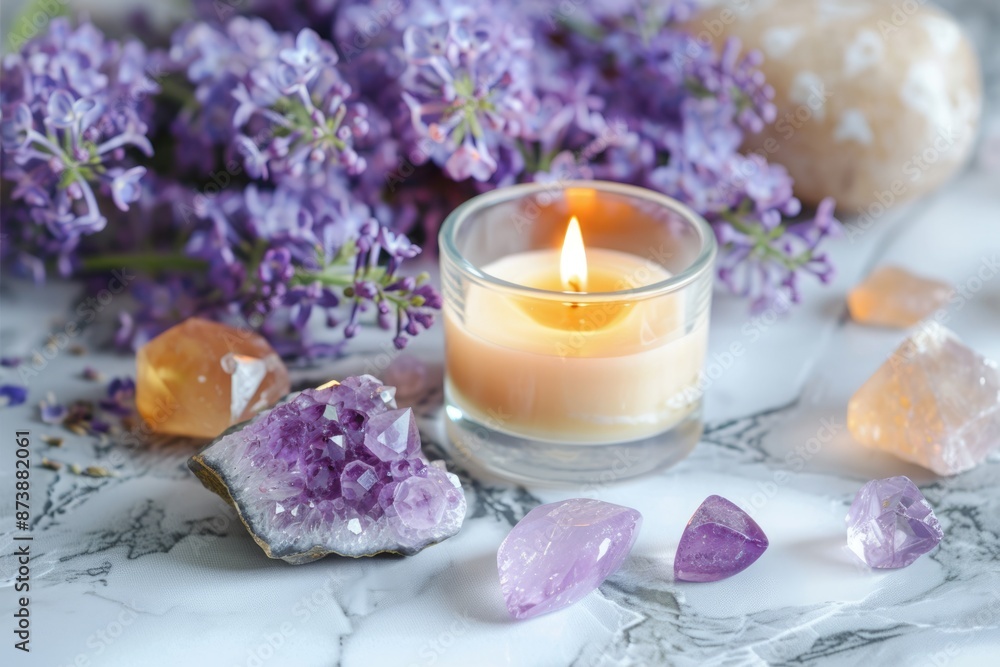 Candle And Crystal. Healing Stones for Aura Balance with Lilac Flowers on Marble Background Candle And Crystal. Healing Stones for Aura Balance with Lilac Flowers on Marble Background