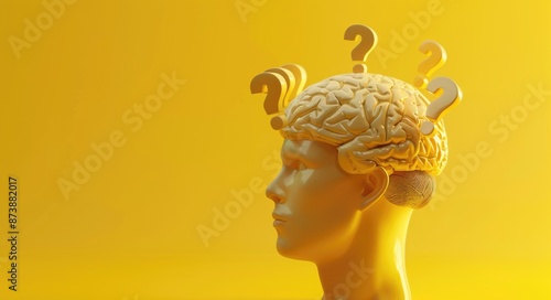 Brain Question. Pensive Head with Interrogative Marks in Brain on Yellow Background