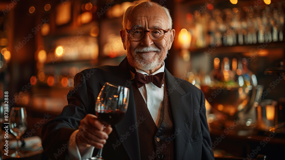 A sommelier holding a glass of red wine at a high-class restaurant A sommelier holding a glass of red wine at a high-class restaurant