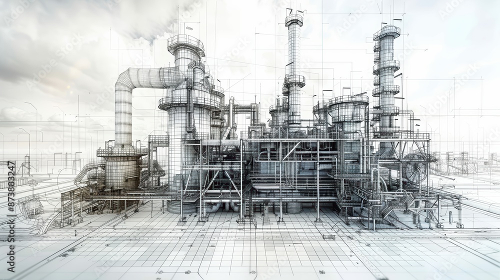Futuristic industrial plant with a digital overlay showing advanced technology and engineering concepts in a modern landscape. Futuristic industrial plant with a digital overlay showing advanced technology and engineering concepts in a modern landscape.