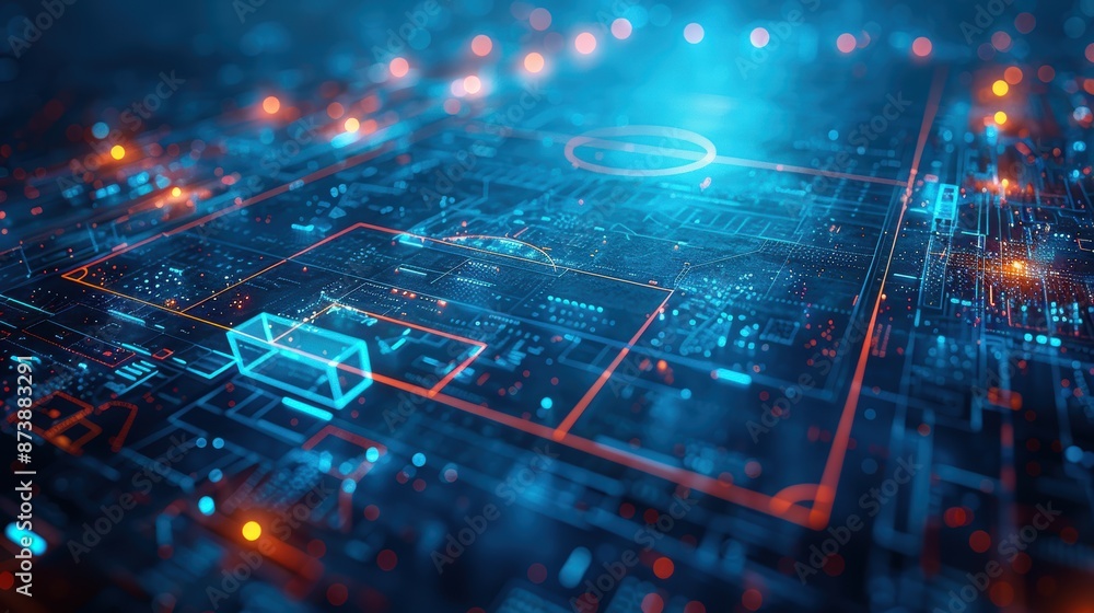 High-tech digital circuit board with glowing data paths in futuristic blue and red light. Perfect for technology and innovation themes. High-tech digital circuit board with glowing data paths in futuristic blue and red light. Perfect for technology and innovation themes.