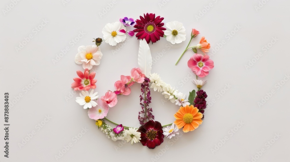 A peace sign made of colorful flowers on a white background. A peace sign made of colorful flowers on a white background.