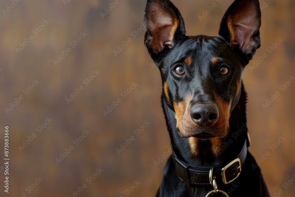 Closeup of a doberman pinscher's attentive face with perked ears against a blurred brown backdrop Closeup of a doberman pinscher's attentive face with perked ears against a blurred brown backdrop