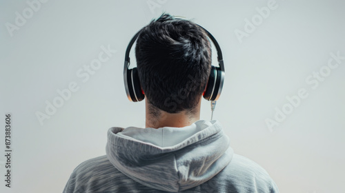 Rear view of a man listening to music through a headphone on a light background. Young man enjoying solitude with headphones indoors wearing casual clothes. photo