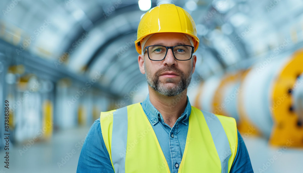 Executive in a high-visibility vest and hard hat overseeing the development of renewable energy projects for sustainability. Executive in a high-visibility vest and hard hat overseeing the development of renewable energy projects for sustainability.