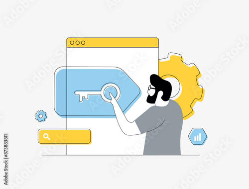 Keyword optimization for SEO and search engine ranking. Digital marketing content strategy with top targeted keyword research, on-page SEO. Search optimization techniques isolated vector illustration