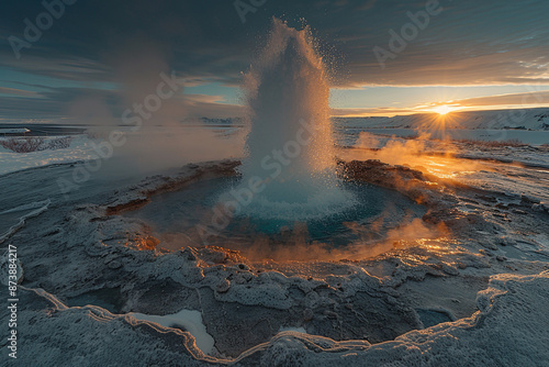 captivating geyser in Iceland displays a magical blend of steam, shimm photo