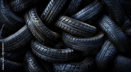 Car tires stacked in a row. Close-up of car tires