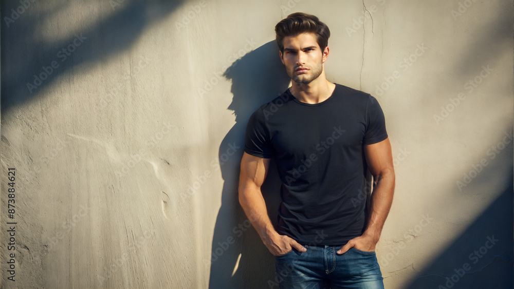 Handsome Man in Black T-Shirt Leaning Against Sunlit Wall with Shadows Handsome Man in Black T-Shirt Leaning Against Sunlit Wall with Shadows