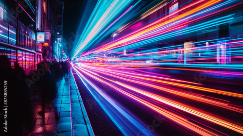 Abstract colorful light trails in the city, vibrant neon lights and people walking on sidewalk at night. Neon streetscape with motion blur long exposure effect