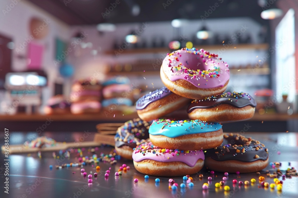 Colorful glazed sweet donuts stack with various toppings and sprinkles and chocolate with nuts on cafe table background.Macro.AI Generative. Colorful glazed sweet donuts stack with various toppings and sprinkles and chocolate with nuts on cafe table background.Macro.AI Generative.