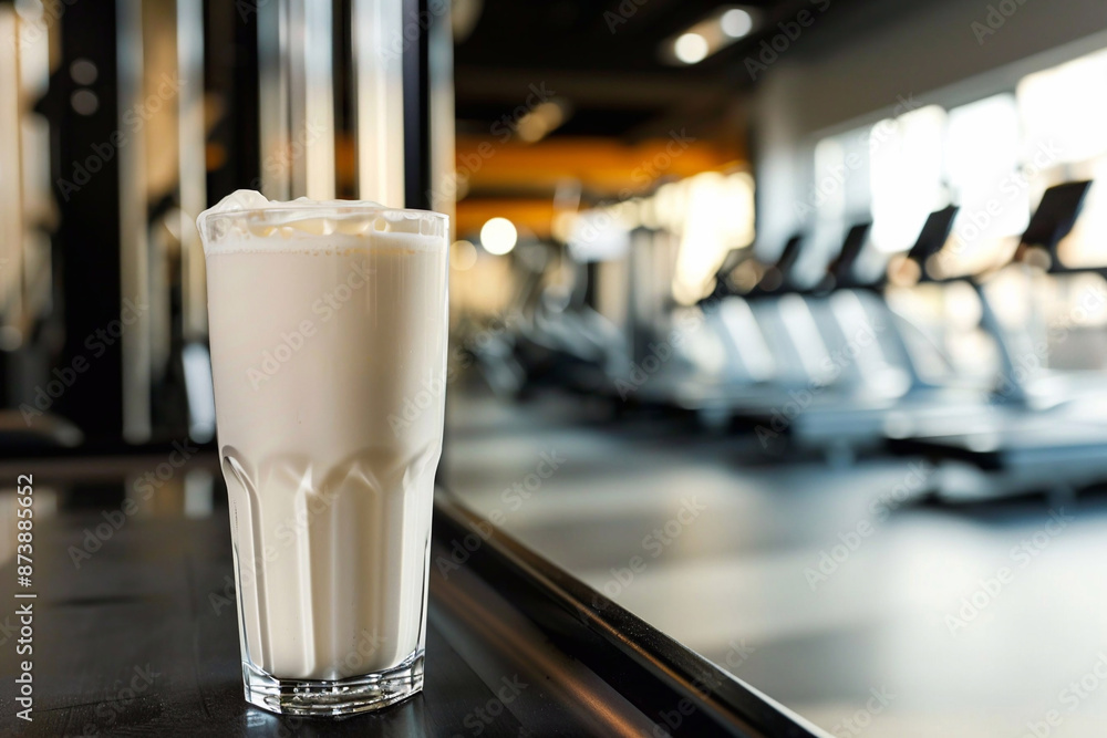 High protein milkshake on table in gym for better wotkout.Macro.AI Generative. High protein milkshake on table in gym for better wotkout.Macro.AI Generative.