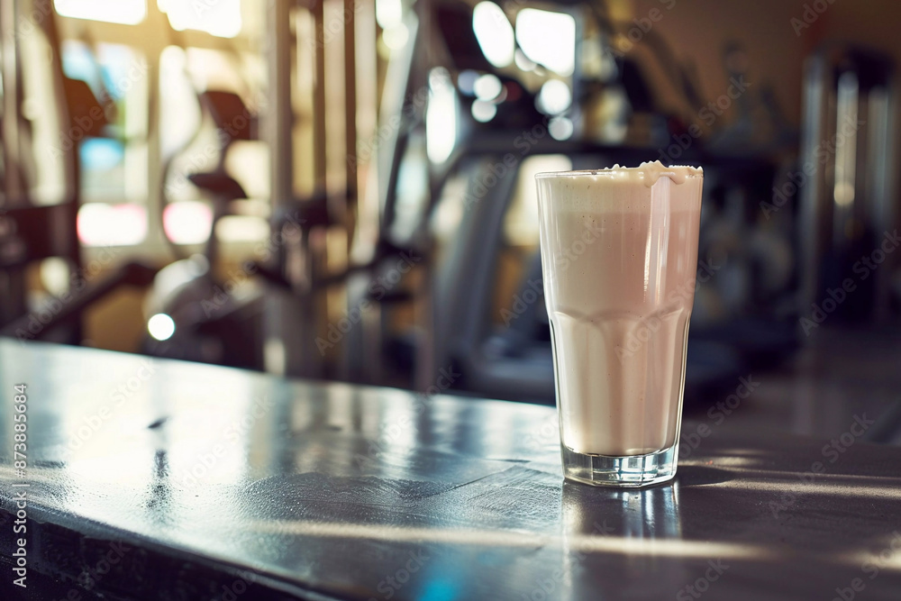 High protein milkshake on table in gym for better wotkout.Macro.AI Generative. High protein milkshake on table in gym for better wotkout.Macro.AI Generative.