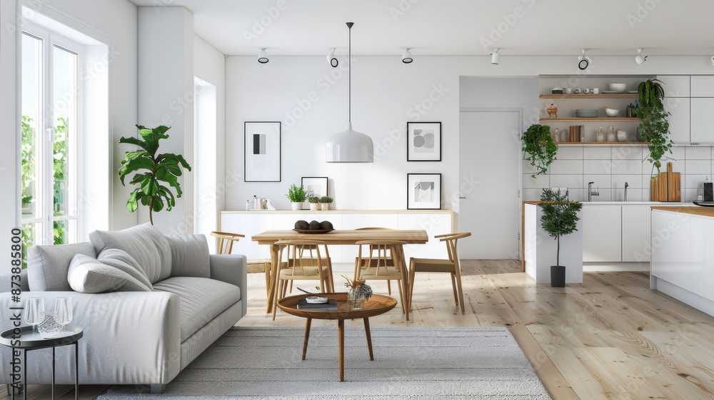 Naklejka premium Living room interior in Scandinavian style in light colors and wooden inserts. Design of a living room with a large sofa and panoramic windows. Interior and fashion concept.