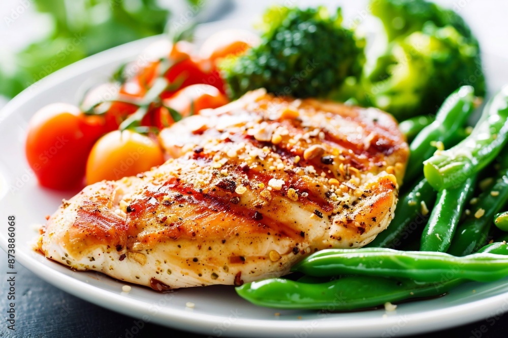Healthy diet lunch with grilled chicken breast fillet and tomatoes with broccoli on restaurant table.Macro.AI Generative. Healthy diet lunch with grilled chicken breast fillet and tomatoes with broccoli on restaurant table.Macro.AI Generative.
