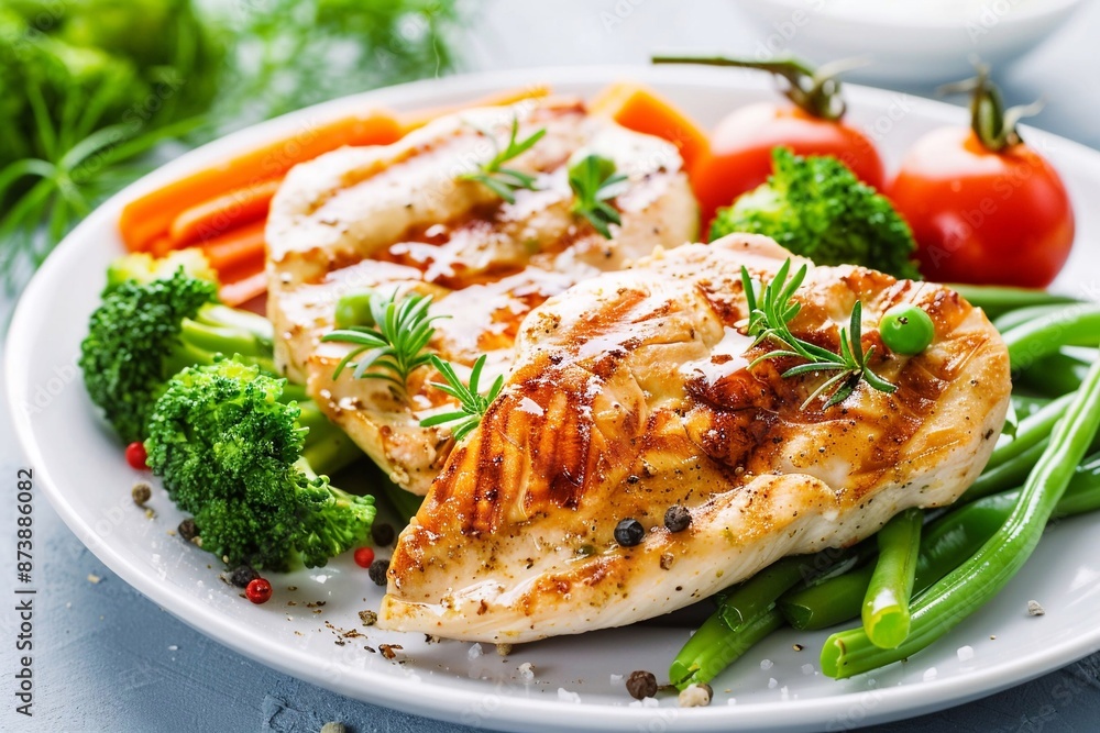 Healthy diet lunch with grilled chicken breast fillet and tomatoes with broccoli on restaurant table.Macro.AI Generative. Healthy diet lunch with grilled chicken breast fillet and tomatoes with broccoli on restaurant table.Macro.AI Generative.