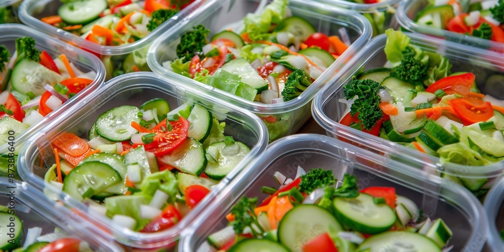 Fresh organic raw vegetables mix in plastic containers for healthy lunch.Macro.AI Generative. Fresh organic raw vegetables mix in plastic containers for healthy lunch.Macro.AI Generative.