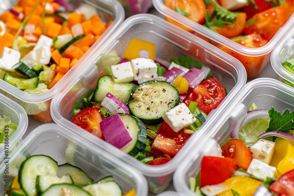 Fresh organic raw vegetables mix in plastic containers for healthy lunch.Macro.AI Generative. Fresh organic raw vegetables mix in plastic containers for healthy lunch.Macro.AI Generative.