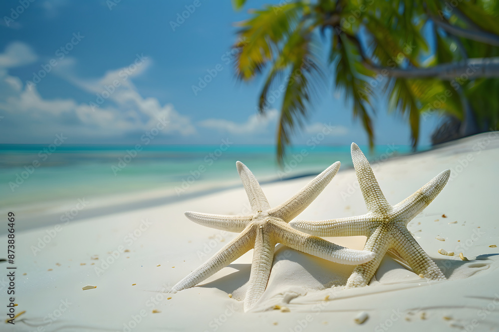 Two starfish rest on the white sandy beach of tropical paradise, with clear turquoise waters and lush palm trees in the background. The serene setting evokes feelings of relaxation, natural beauty Two starfish rest on the white sandy beach of tropical paradise, with clear turquoise waters and lush palm trees in the background. The serene setting evokes feelings of relaxation, natural beauty