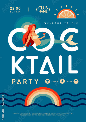 Retro flat summer cocktail party poster with mermaid and cocktail. Vector illustration