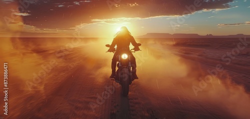 Man Riding Motorcycle at Sunset in the Desert