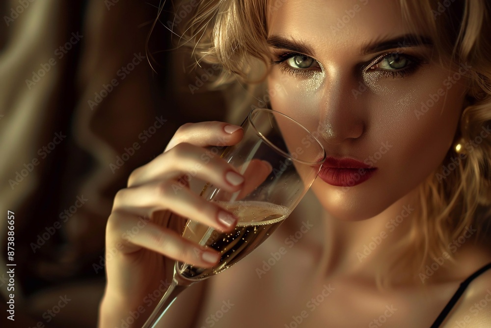 Gorgeous blond woman with champagne glass in her hand in restaurant party on sunday night.Macro.AI Generative Gorgeous blond woman with champagne glass in her hand in restaurant party on sunday night.Macro.AI Generative