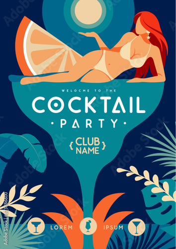 Retro flat summer cocktail party poster with beautiful girl in swimsuit and cocktail on beach background. Vector illustration