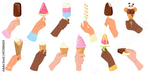 Different skin hands of people holding ice creams set. Human arms hold cone with soft colorful balls or swirls of gelato and chocolate sprinkles, popsicle on stick, frozen yogurt vector illustration