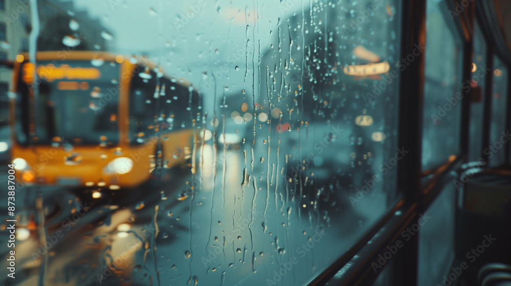 Rainy Day on a City Bus with Blurred Traffic and Raindrops on Window ...