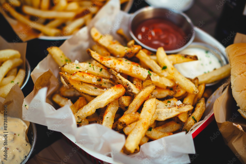 French fries with ketchup on fast food restaurant table.Macro.AI Generative. French fries with ketchup on fast food restaurant table.Macro.AI Generative.