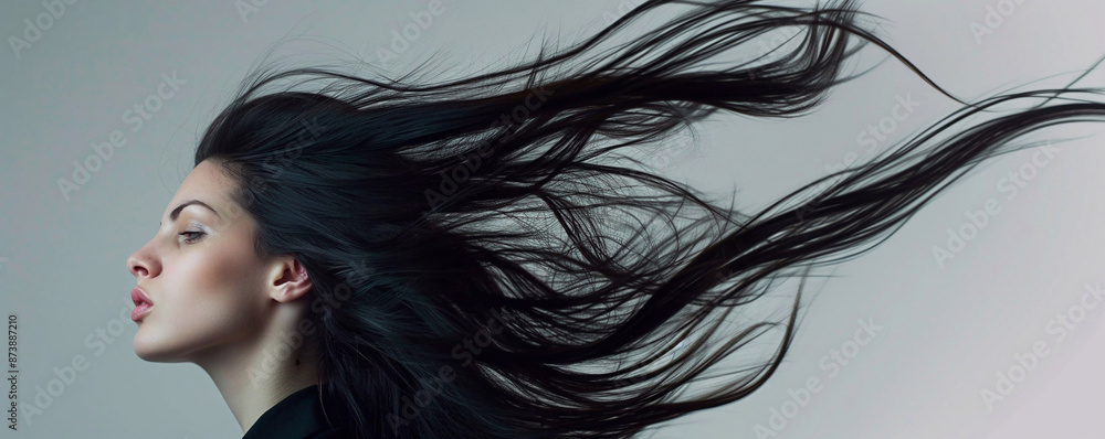 Beautiful brunette woman with long black hair as perfect hair treatment advertising.Macro.AI Generative. Beautiful brunette woman with long black hair as perfect hair treatment advertising.Macro.AI Generative.