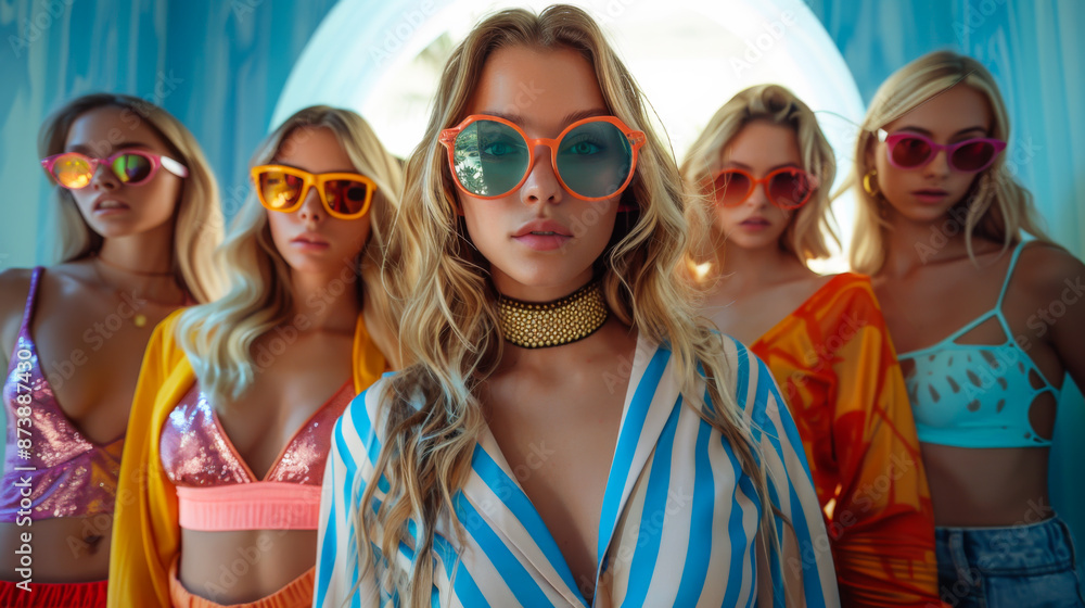 Stylish women in casual clothes and sunglasses posing on a light blue background. A group of young women spending time together. Walking concept. Lifestyle. Stylish women in casual clothes and sunglasses posing on a light blue background. A group of young women spending time together. Walking concept. Lifestyle.