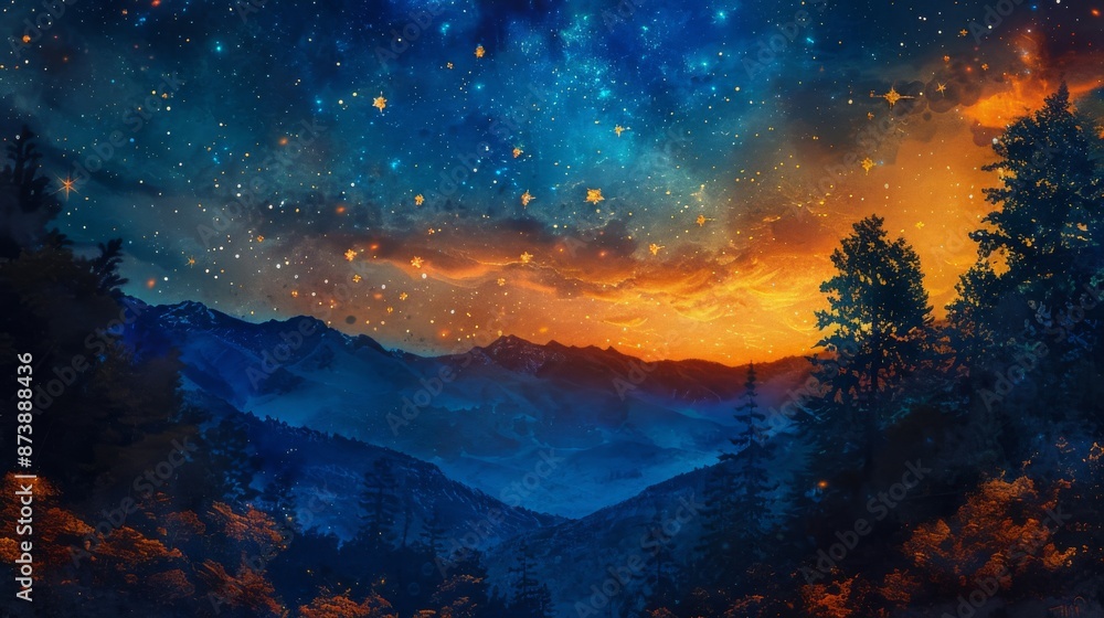 Fototapeta premium beautiful blue night landscape with stars in the background, sunset in orange, forest and mountains, digital painting, hyperdetailed, macro, vibrant, 