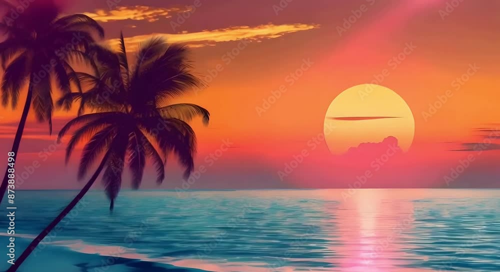 A beautiful sunset over the ocean. The palm trees are silhouetted against the sky A beautiful sunset over the ocean. The palm trees are silhouetted against the sky