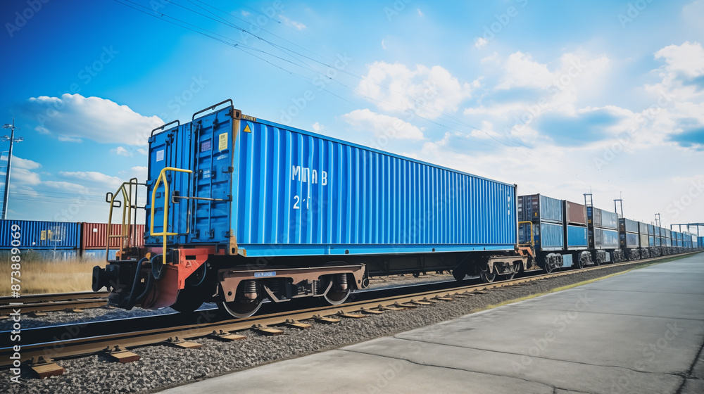 Fototapeta premium Blue Container train on railway, Transportation and logistic.