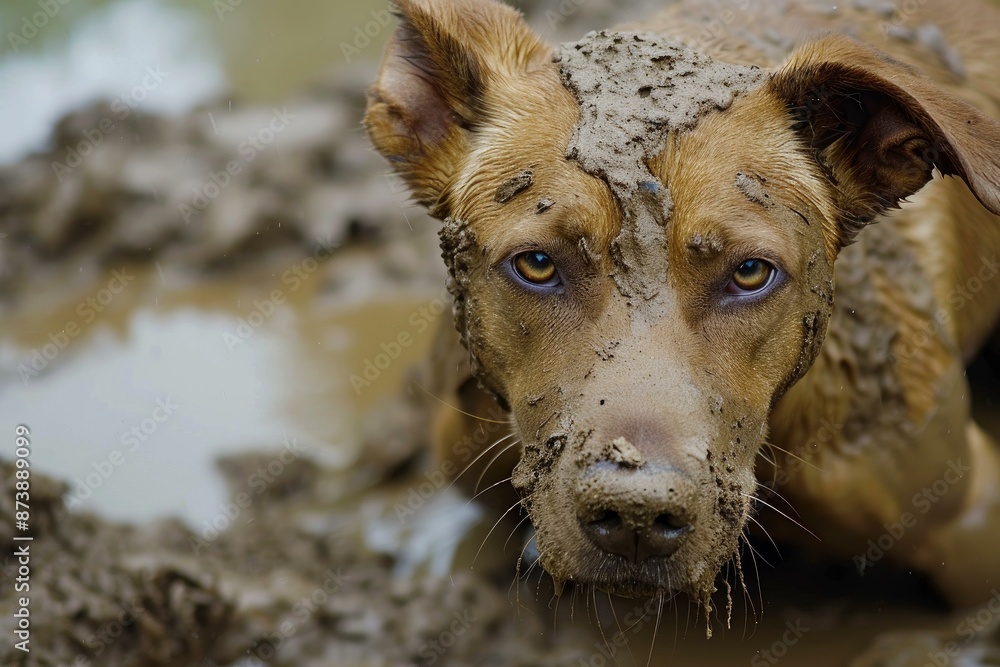 Fototapeta premium Closeup of a brown dog covered in mud, with a poignant expression