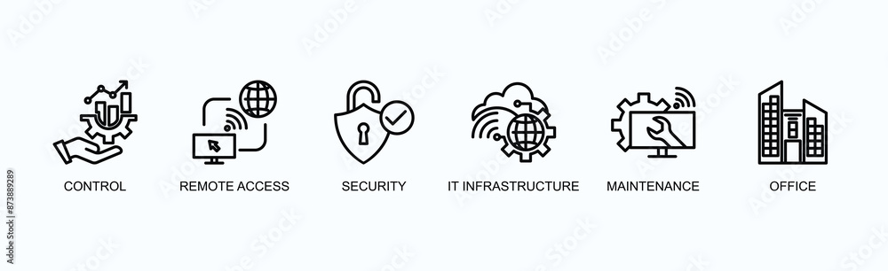 Obraz premium Control, Remote Access, Security, It Infrastructure, Maintenance, Office Banner Web Icon Vector Illustration Concept With Control, Remote Access, Security, It Infrastructure, Maintenance, Office