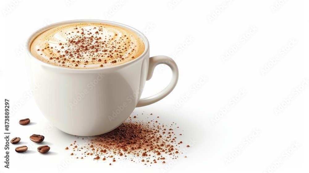 Cup of frothy cappuccino with sprinkled cocoa and coffee beans isolated on a white background, perfect for a coffee break or caffeine lover. Cup of frothy cappuccino with sprinkled cocoa and coffee beans isolated on a white background, perfect for a coffee break or caffeine lover.