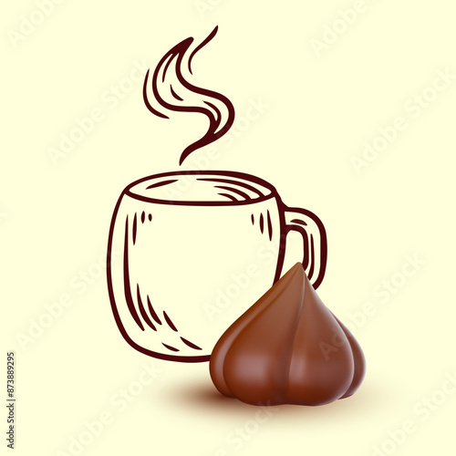Art composition with hand drawn cup and realistic 3d chocolate creme meringue . Modern minimal concept food design. Vector illustration.
