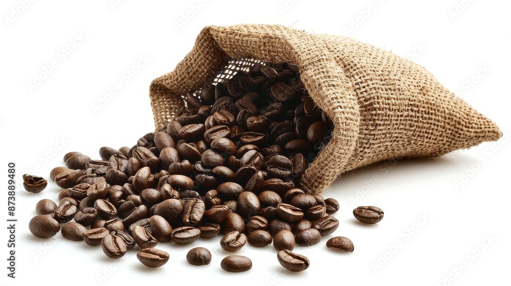 A burlap sack spilling coffee beans, showcasing rich, dark, aromatic coffee for brewing. Perfect for cafes, advertising, and coffee enthusiasts. A burlap sack spilling coffee beans, showcasing rich, dark, aromatic coffee for brewing. Perfect for cafes, advertising, and coffee enthusiasts.