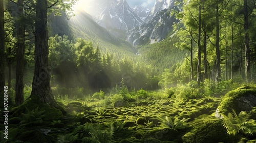 Sunlight filters through a lush evergreen forest, its floor carpeted in soft moss and delicate ferns. In the distance, the Deister mountain range rises majestically against the horizon. photo