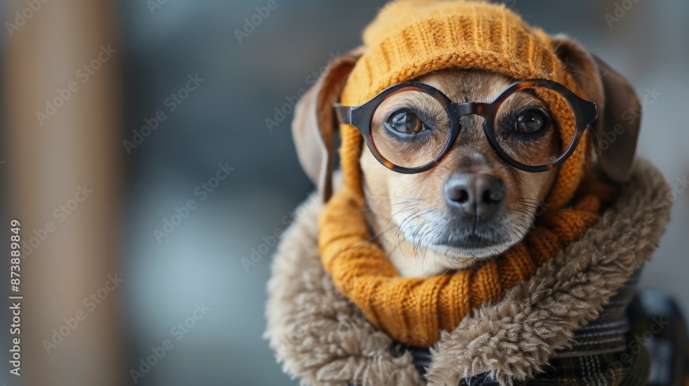 Charming dog posing in studio in warm sweater and hat. Charming dog posing in studio in warm sweater and hat.