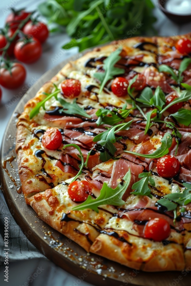 Gourmet Toppings Pizza: A top-down view of a pizza topped with gourmet ingredients like arugula, prosciutto, cherry tomatoes, and balsamic glaze, arranged on a marble countertop.