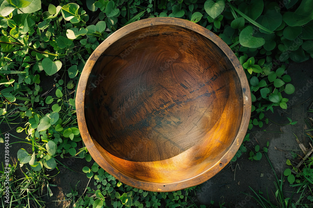 Fototapeta premium Handcrafted wooden bowl on green foliage
