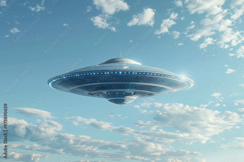 Futuristic UFO Spaceship with Glowing Lights Hovering in a Cloudy Sky - Extraterrestrial Technology Concept Futuristic UFO Spaceship with Glowing Lights Hovering in a Cloudy Sky - Extraterrestrial Technology Concept