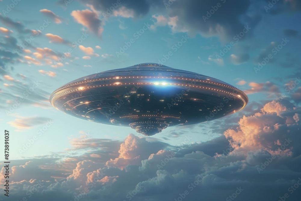 Futuristic UFO Spaceship with Glowing Lights Hovering in a Cloudy Sky - Extraterrestrial Technology Concept Futuristic UFO Spaceship with Glowing Lights Hovering in a Cloudy Sky - Extraterrestrial Technology Concept